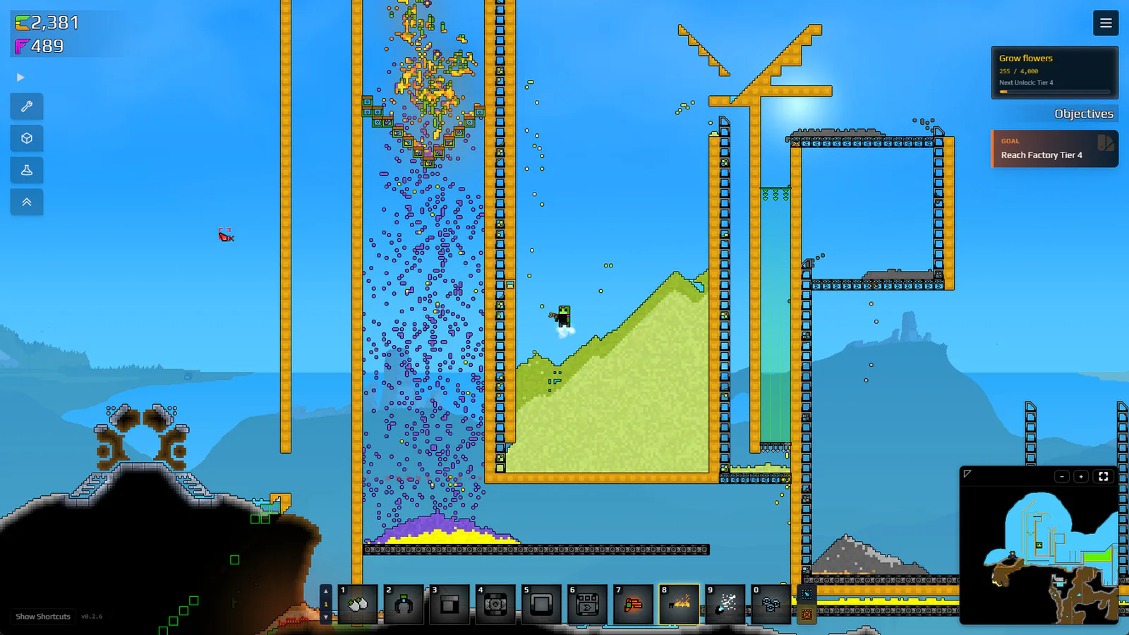 Sandustry material physics with colored particles moving through a factory